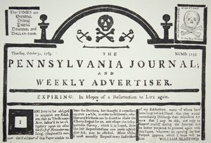 Et amerikansk svar på den britiske pålagte Stamp Act, pub. i The Pennsylvania Journal and Weekly Advertiser 31. oktober 1765 (avispapir) av American School