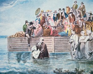 Anabaptister i Philadelphia er vitne til en full nedsenkingsdåp i en elv (farge litho) av American School