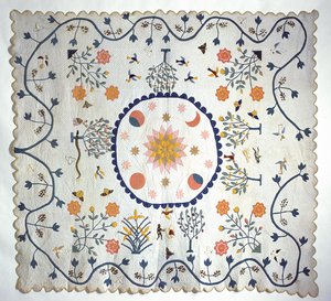 Applikasjonsdyne med sol, måne, stjerner og Edens hage, fra Arkansas, ca. 1850-80 (bomull) av American School
