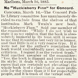 Artikkel i Boston Daily Globe angående forbud mot Huckleberry Finn i Concord, Massachusetts, fra 16. mars 1885 (avispapir) av American School