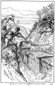Angrep fra cubanere på befestet jernbanetog, illustrasjon fra The Story of Cuba av Murat Halstead, publisert 1898 av American School