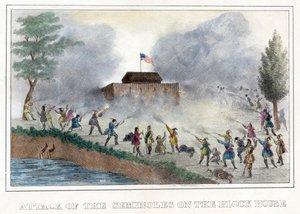 Attack of the Seminoles on the Block House, pub. 1836 (håndfarget gravering) av American School