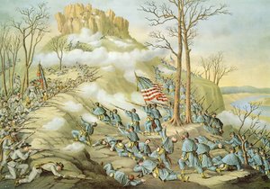 Slaget ved Lookout Mountain, 24. november 1863, gravert av Kurz & Allison av American School