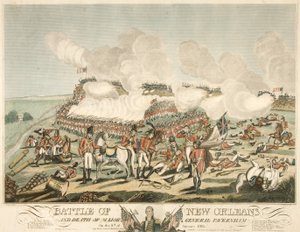 Slaget ved New Orleans og generalmajor Packenhams død den 8. januar 1815, pub. 1815 (farget gravering) av American School