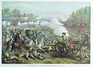 Battle of Opequan eller Winchester, Virginia, gravert av Kurz & Allison av American School
