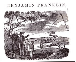 Benjamin Franklin (1706-90) gjennomfører sitt drageeksperiment av American School