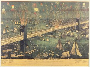 Fugleperspektiv over Great New York og Brooklyn Bridge og den store fyrverkeriet på åpningskvelden i 1883 av American School