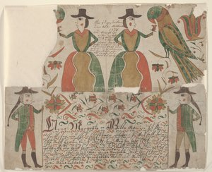 Fødsels- og dåpsattest for Anna Margräta Willeman, Fraktur-maleri, ca. 1810 (penn og blekk med wc på papir) av American School