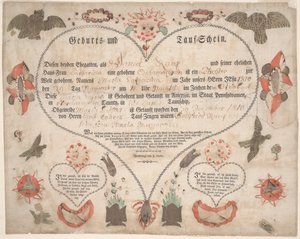 Fødsels- og dåpsattest (Geburts und Taufschein) for Maria Catharina Raup ca. 1806 (penn og blekk med akvarell på papir) av American School