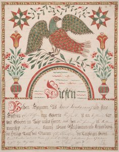 Fødsels- og dåpsattest for Elisabeth Lindaman, ca. 1820 (blekk og wc på papir)