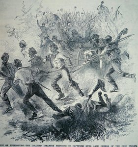 Svarte tropper fra unionshæren henter inn fangede våpen under beleiringen av Petersburg (1864–65) (litho) av American School