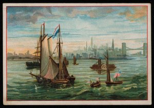 Båter i New York havn, gratulasjonskort. (chromolitho) av American School