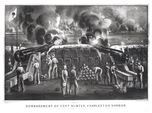 Bombardement av Fort Sumter, Charleston Harbor fra Fort Moultrie, 12. og 13. april 1861, pub. av Currier og Ives av American School