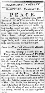 Bredside kunngjør fred mellom USA og Storbritannia etter krigen i 1812, trykt i Connecticut Courant, 1815 (trykk) av American School