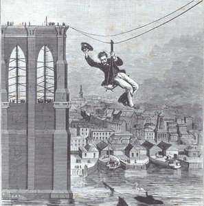 Brooklyn Bridge under bygging; Herr Farrington, sjef for konstruksjonsleder, er den første som krysser spennet mellom de to pylonene 25. august 1876 (gravering) av American School