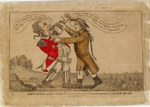 Bror Jonathan gir en hilsen til John Bull, 1813 (håndfarget gravering)