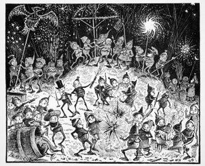Brownies, fra The World Guide to Gnomes, Fairies, Alves and Other Little People av Thomas Keightley (1789-1872) Publisert 1880, (BW Engraving) av American School