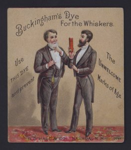 Buckinghams fargestoff for værhår for menn, reklame (chromolitho) av American School