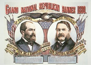 Kampanjeplakat for presidentkandidat James A. Garfield (1831–81) og løpskamerat, Chester A. Arthur (1829–86) 1880 (farge litho) av American School