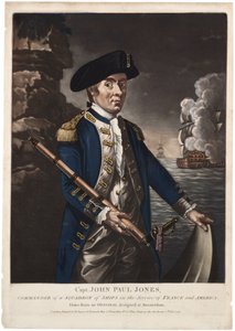 Kaptein John Paul Jones, sjef for en skvadron av skip i tjeneste for Frankrike og Amerika, 1780 (håndfarget mezzotint) av American School