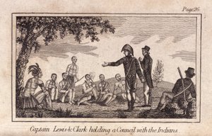 Kaptein Lewis & Clarke holder et råd med indianerne, pub. 1812 (gravering) av American School
