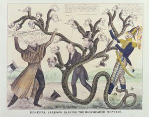 Karikatur av general Jackson (1767-1845) Slaying the Many Headed Monster, utgitt av HR Robinson, ca. 1836 (penn og blekk, blyant og wc på papir) av American School