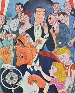 Tegneseriekommentar til president Roosevelts 'Fireside Chats' radiosendinger til nasjonen (farge litho) av American School