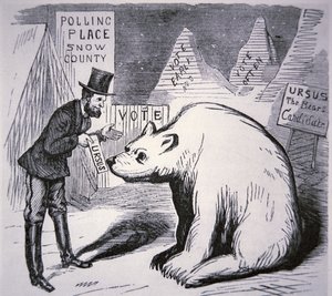 Tegneserie som viser en amerikansk politiker som prøver å finne velgere i det ubebodde Alaska av American School