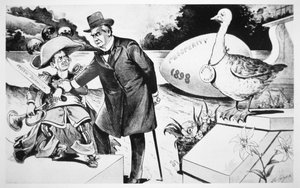Tegneserie som viser president Mckinley som prøver å dempe den "gule pressen" for å piske opp offentlig krigsfeber mot Spania av American School