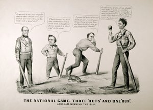Tegneserie som viser Abraham Lincoln (1809-65) som vinner ballen mot motstanderne Douglas, Bell og Breckenridge i presidentvalget i 1860, 1860 av American School
