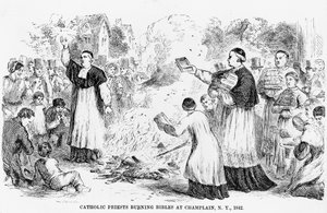 Katolske prester som brenner bibler i Champlain, New York, illustrasjon fra en anti-katolsk brosjyre, 1842 av American School