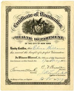 Vaksinasjonssertifikat, helsedepartementet i byen New York..., 1882 (gravering [sertifikat] fylt ut med blekk) av American School