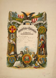 Sertifikat for medlemskap i Ancient Order of Hibernians of America, ca. 1894 (fargelitografi) av American School