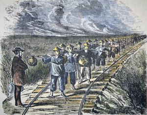Charles Crocker (1822-88) og hans kinesiske arbeidsstyrke som konstruerte Central Pacific Railroad, fullførte 1869 (farge litho) av American School
