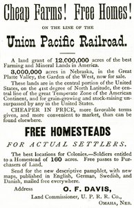 Billige gårder og gratis hjem på Union Pacific Railroad-linjen, annonse fra Appletons Journal, 4. mai 1872 av American School