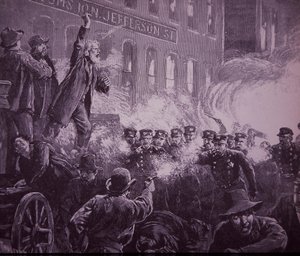 Chicago Haymarket Labor Riot fra 1886, gravering publisert i Harper