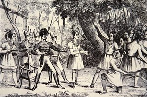 Sjef Tecumseh (1768-1813) trosser general Harrison (1773-1841) (gravering) av American School