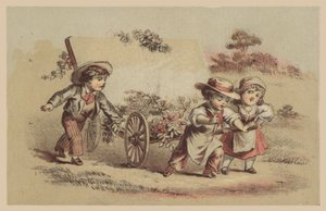 Barn som trekker vogn med blomster av American School
