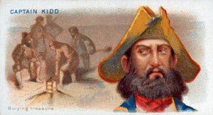 Sigarettkort Captain Kidd, Burying Treasure, pub. 1888 fargelitografi. av American School