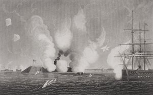 Kamp mellom det konfødererte CSS Virginia (til venstre) og Union USS Monitor (i midten) 9. mars 1862 ved Hampton Roads, Virginia (se 254609 for detaljer) av American School