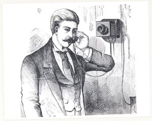 Kondensatortelefon i bruk, fra The Electric Telephone av George Bartlett Prescott (f.1830), 1890 av American School