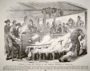 Matlaging i leiren - Kjøkkenet til Fremont Dragoons i Tipton, Missouri (gravering) av American School