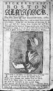 Forside av Bickerstaffs Boston Almanack med et portrett av Phillis Wheatley (1753-84) utgitt 1782 (trykk) av American School