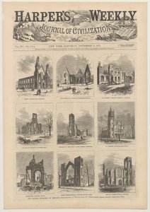 Cover av Harpers Weekly som viser scener av de ødelagte kirkene i Chicago, 11. november 1871