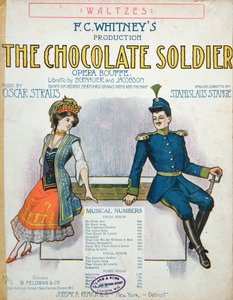 Omslag til partitur av The Chocolate Soldier, operette av Oscar Straus, utgitt i New York, ca. 1910