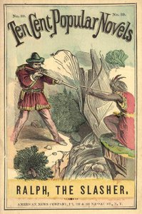 Omslag til boken "Ten cent popular novels - Ralph, the Slasher", nr. 39. American News Company. En indisk og en hvit duell. Brennende sd. tidlig på 1900-tallet. av American School