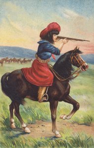 Cowgirl på hesteryggen som sikter med en rifle (chromolitho) av American School