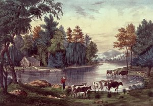 Cows on the Shore of a Lake, utgitt av Nathaniel Currier (1813-88) og James Merritt Ives (1823-95) (farge litho) av American School