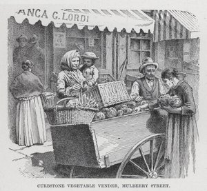 Kantsteinsgrønnsaksforhandler, Mulberry Street (litho) av American School