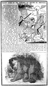 Davy Crockett betaler av to franskmenn for å ha fornærmet sin kjære, temme en løvinne, etc., illustrasjon fra Crocketts Almanack av American School